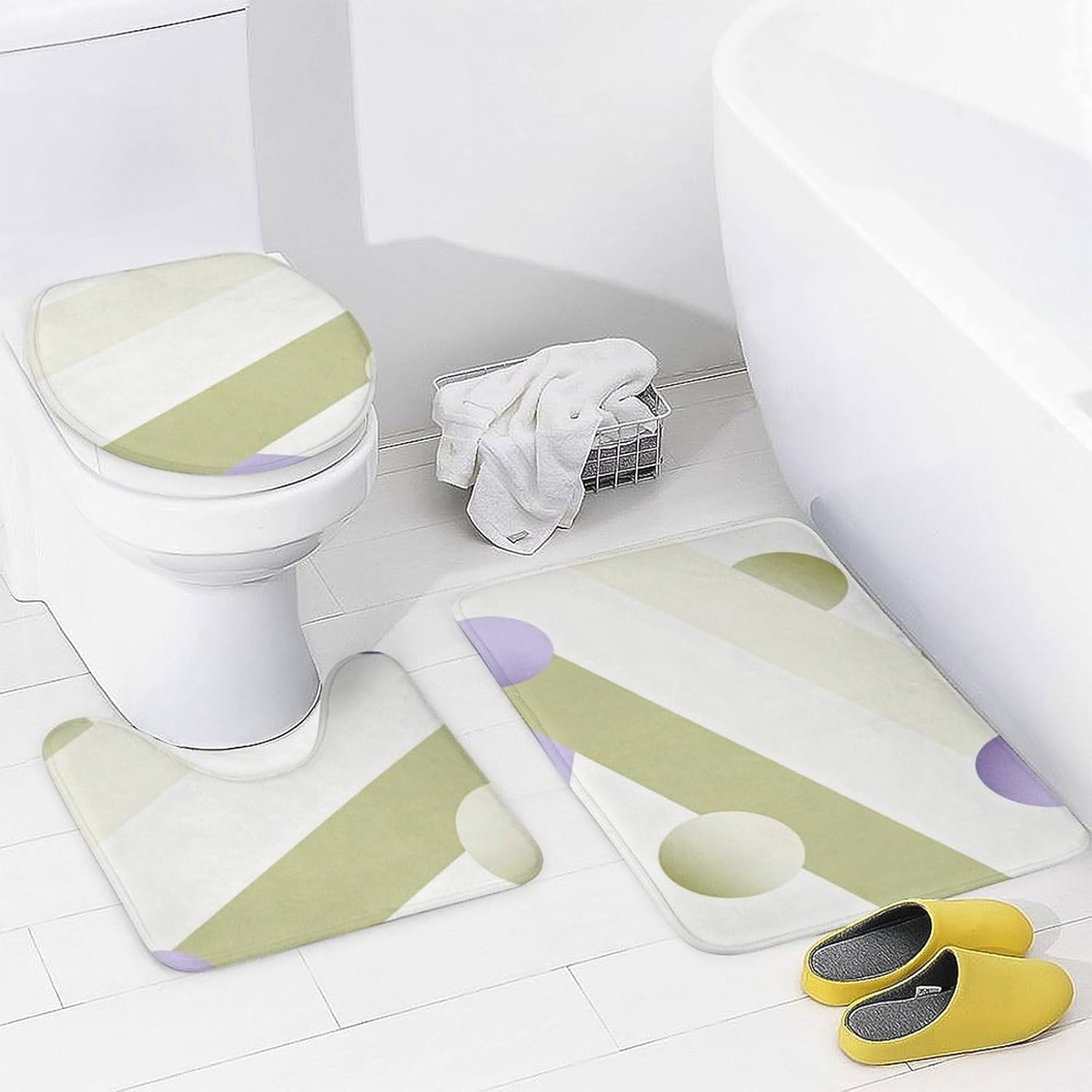 4 Piece Bathroom Rug Set with Shower Curtain, Non-Slip Bath Mat Toilet Cover Set, Linear Bathroom Rug Sets