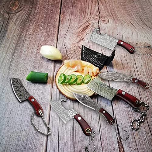 Damascus Pocket Knife Set Mini Chef Knife With Sheath, Tiny Knife Edc Knives Small Knife Cleaver, Package Opener, Box Cutter Bottle Opener Keychain Tiny Things With Pocket Knife Sharpener - Set Of 7 #TOP4