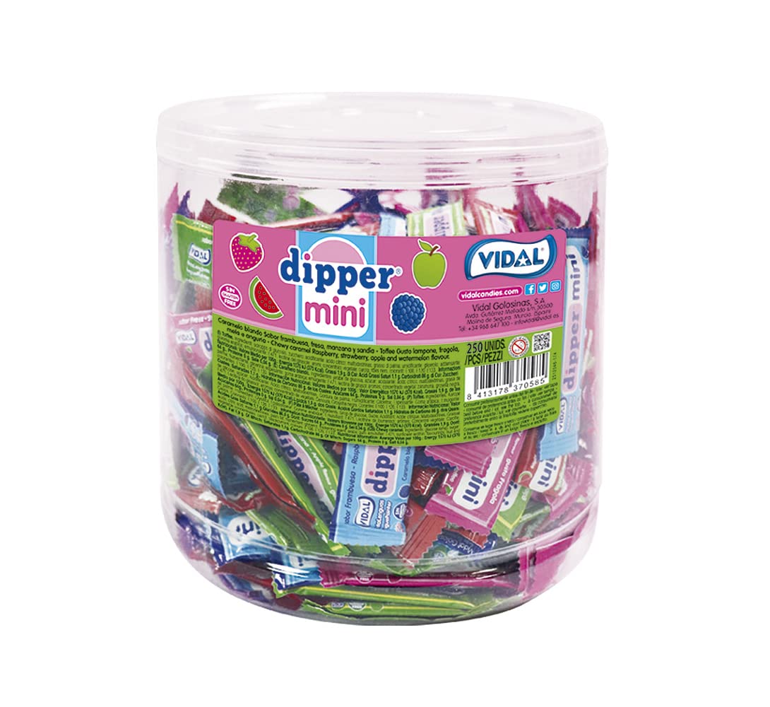 Vidal Golosinas. Dipper Mini Surtido. Caramelos blandos masticables sabores frambuesa, fresa, cola, manzana y sandía. Textura que se derrite en boca. Sin gluten. Tarro 250 u
