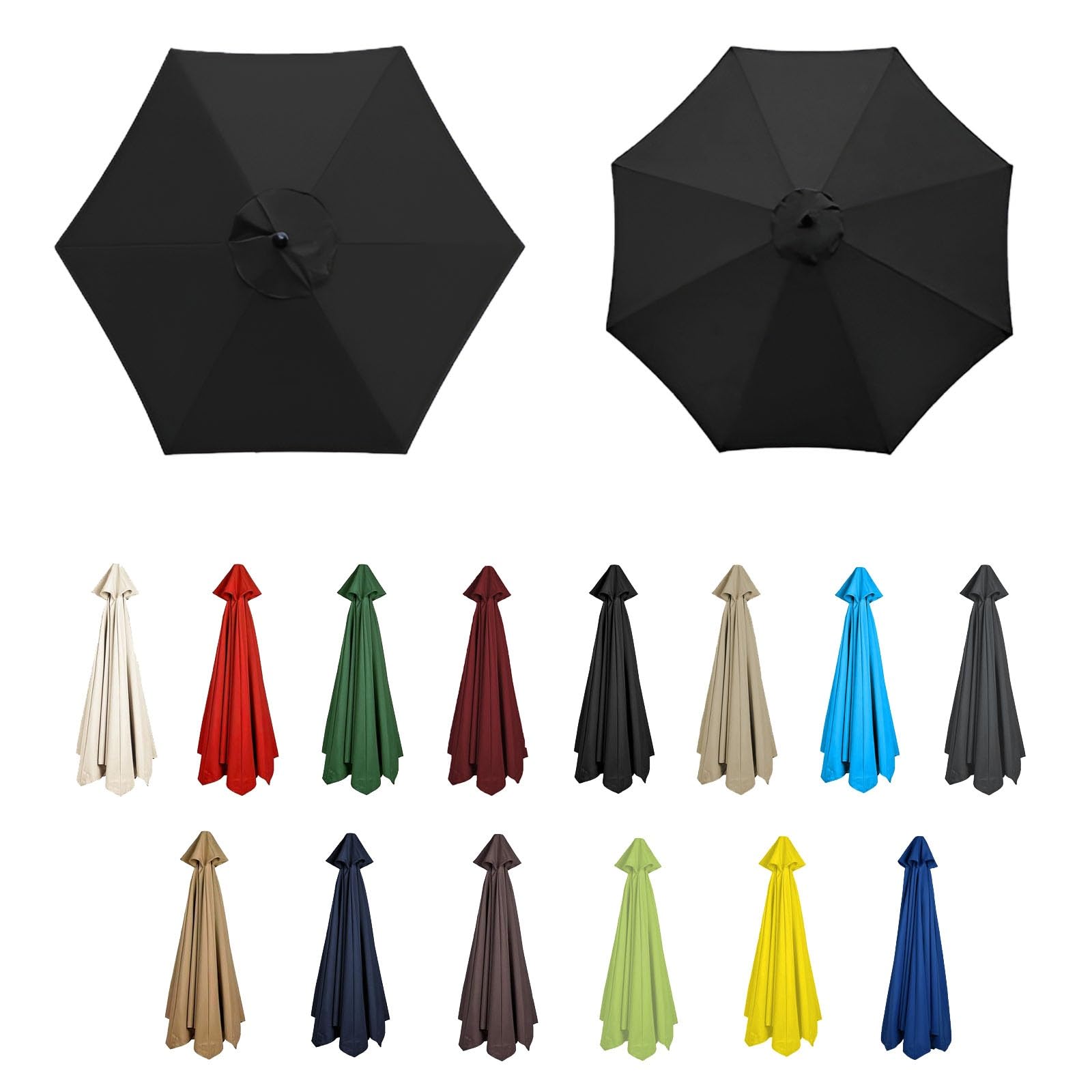GZDXBF Sun Umbrella Replacement Cloth 6/8 Ribs, Fade Resistant Replacement Umbrella Canopy, 200cm/270cm/300cm Garden Patio Umbrella Fabric Canopy Cover(Black,6 ribs-2m(6.5ft))