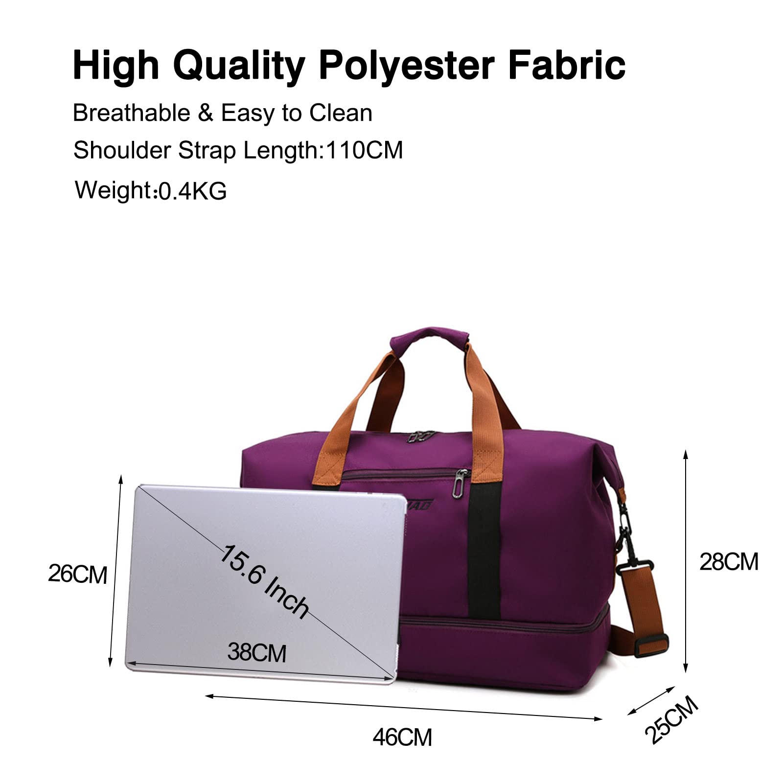 FANDARE Sac de Voyage Bagages Cabine à Main Polochons de Nuit Weekend Plage Sport Fitness Femme Homme Fourre-Tout avec Compartiment à Chaussures Violet Foncé