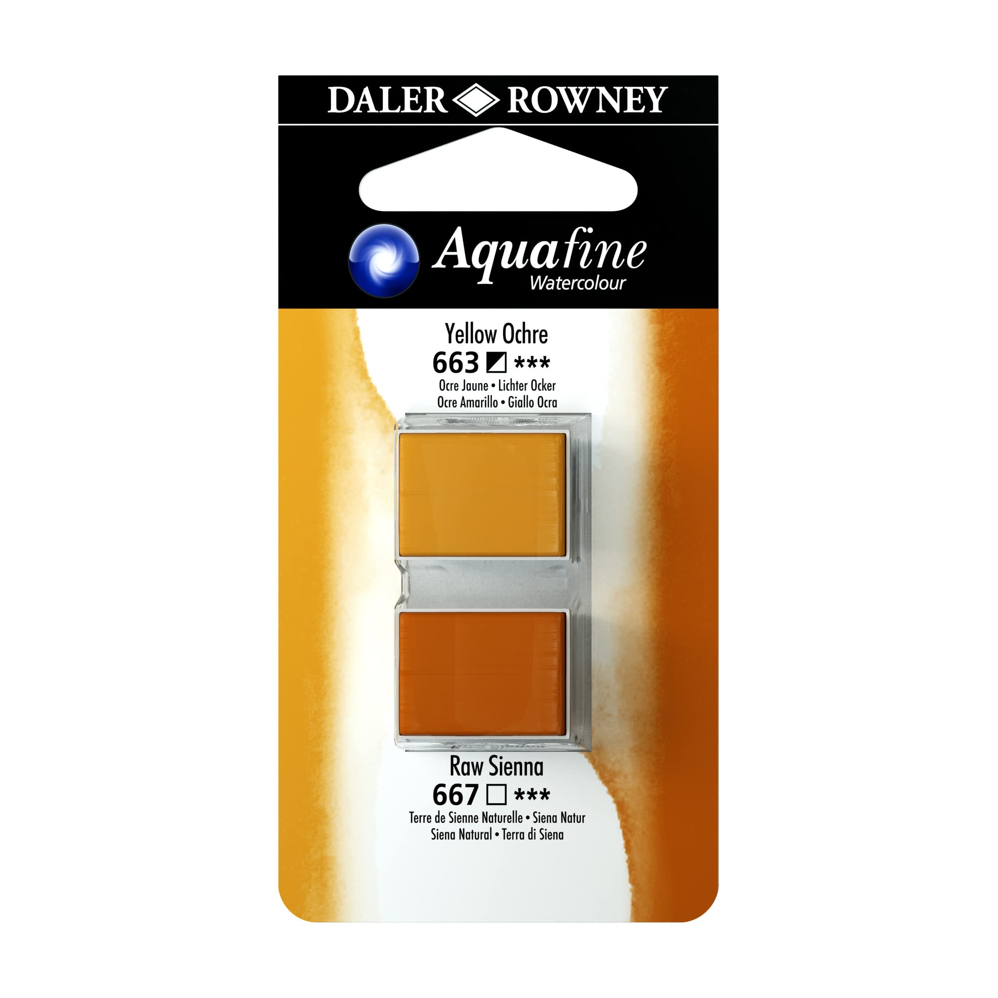 Daler-Rowney Aquafine Watercolour Paint, Blister Pack, Half Pan - Half Pan, Yellow Ochre and Raw Sienna, 2 Pack