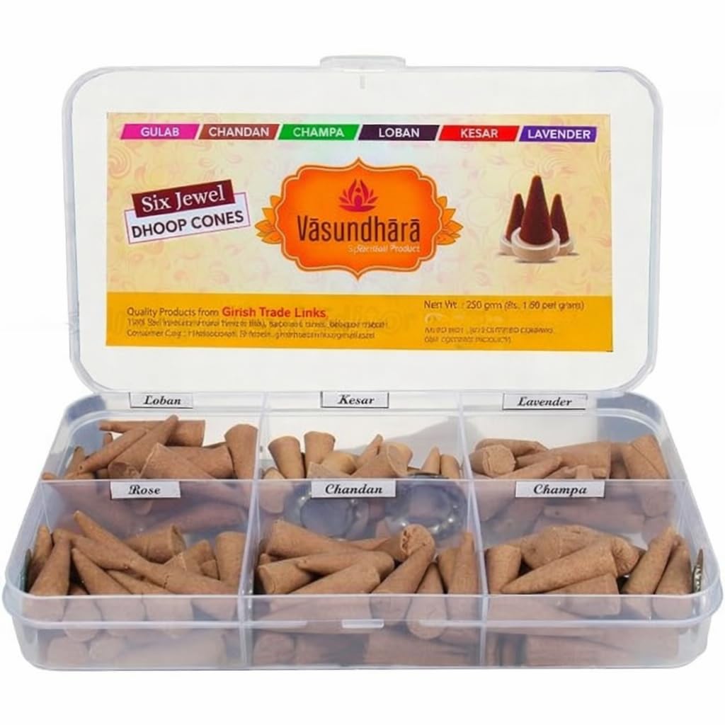 Vasundhara Six Jewel Dhoop Cones 250g – 6 Premium Fragrances (Gulab, Chandan, Champa, Loban, Kesar, Lavender) | Long Lasting Pooja Incense Cones for Home, Temple, Meditation & Positive Energy-image-31