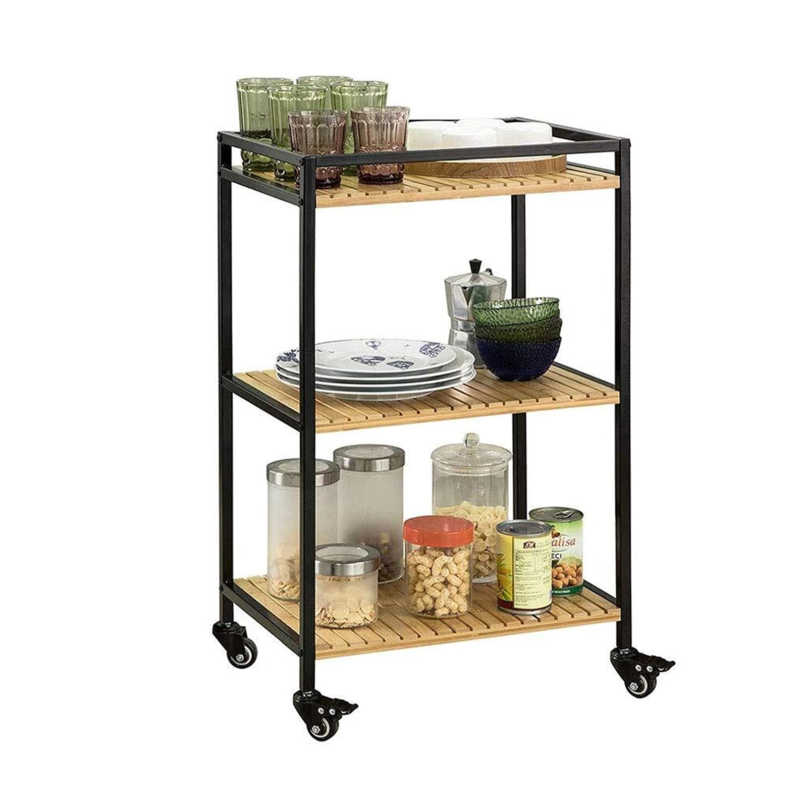 Carrello di Servizio a 2 Livelli in Ferro battuto Casa Ristorante Hotel Ruota dell'Acqua del Vino Condimento Portapiatti per Frutta Carrello portaoggetti Multifunzionale (Nero, 78