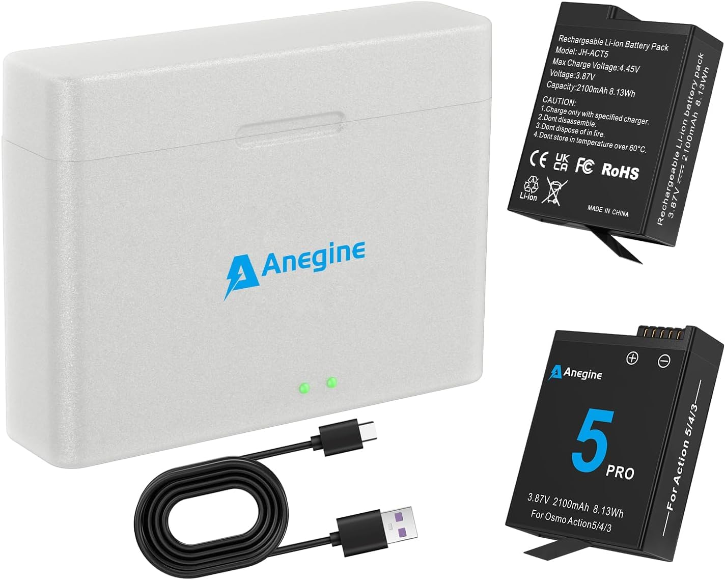anegine Osmo Action 5 Pro 4 3 Battery 2100mAh and Dual USB LED Charger Kit for Action 6, Action 5 Pro, Action 4, Action 3 and DJI Osmo 360 Extended