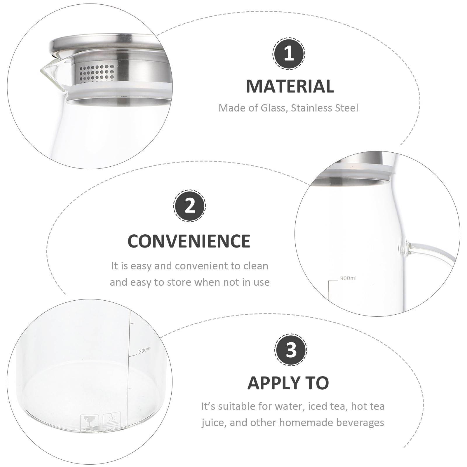 Jarra de Agua de Vidrio 1200ml Acero Inoxidable Resistente | Capacidad Grande, Apta para Té Caliente, Diseño Simple y Práctico, Uso para Leche y Bebidas Refrescantes