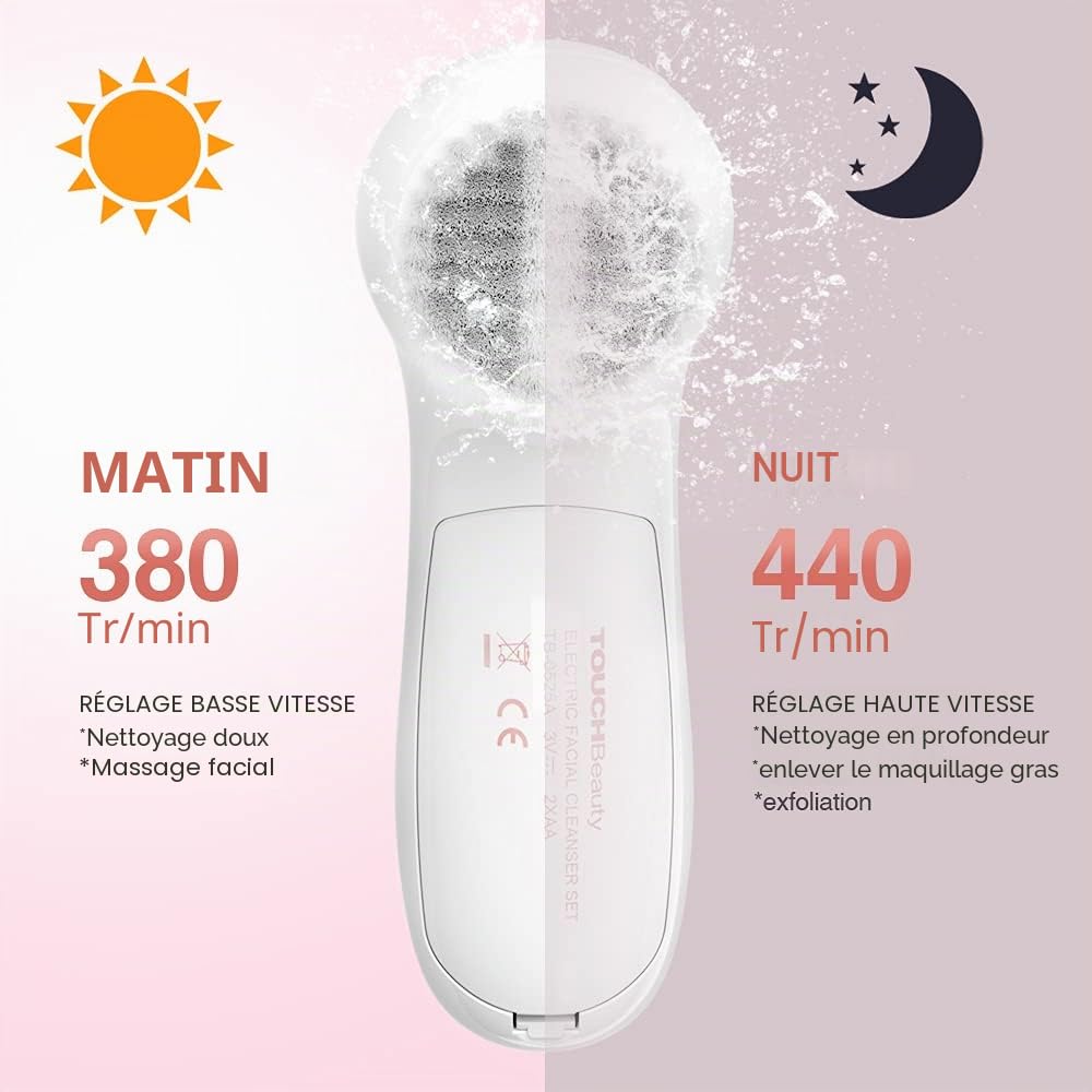 TOUCHBeauty Silicone Brosse Nettoyante Visage Électrique Pour Peau Sensible, 3 Têtes Interchangeables Et Étui De Voyage, 2 Vitesses Réglables, Nettoyage Profond Et Exfoliation Douce