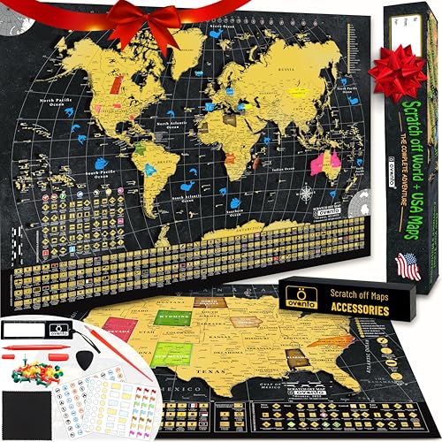 OVANTO Scratch Off World Map + USA Map – 17x24” Wall Travel Posters with 196 Flags, Gold Foil, Pins & Accessories – Premium Gift Box for Travelers, Couples, Home or Office Decor
