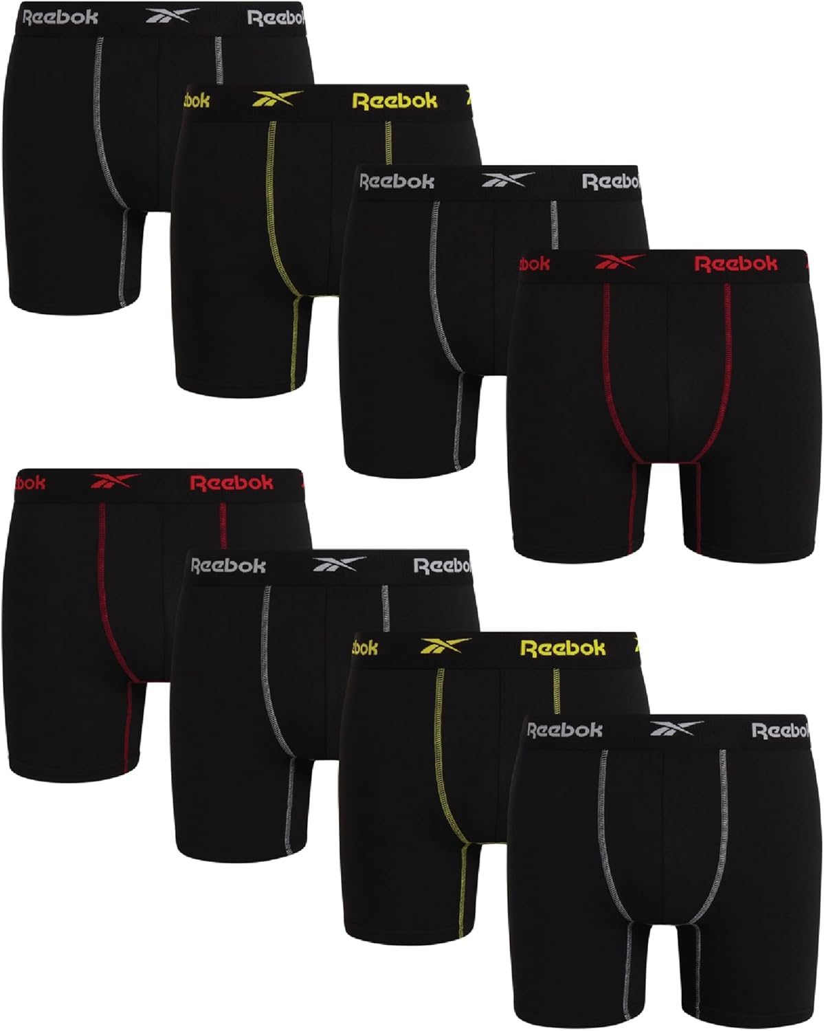 Reebok Mens Boxer Briefs - 8 Pack 6'' Inseam Soft Stretch Performance Mens Underwear Athletic Boxer Briefs with Contour Pouch