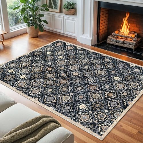 KILOCOCO 8x10 Area Rug, Moroccan Super Soft Washable Living Room Vintage Floral Rug, Non-Slip Large Print Faux Wool Throw Indoor Rug for Playroom Bedroom Office Carpet, Black/Navy Blue/Multi