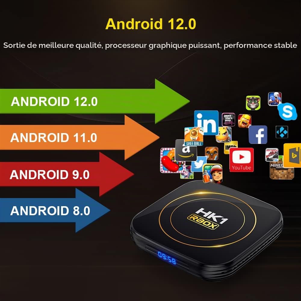 Android 12.0 TV Box, HK1 RBOX avec 4 Go de RAM et 64 Go de ROM, processeur 64 Bits quadricœur H618, Compatible Wi-FI 2,4 GHz/5,8 GHz et Bluetooth 4.0, décodage H.265 8K pour Lecteur multimédia | Prend en charge WiFi 2,4 GHz/5,8 GHz, Bluetooth 4.0, décodag