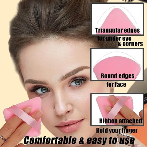 Miniatura 4 de 6 bolsas de polvo triangulares para polvo facial, suave terciopelo para maquillaje con funda, negro y rosa