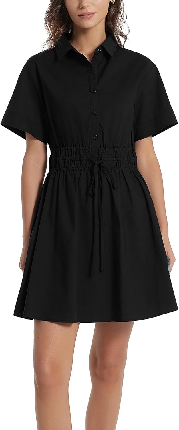 D-Sun Women Casual Button Down Shirt Dress V-Neck Short Sleeve Tie Waist Mini Shirt A-Line Flowy Elegant Short Party Dress