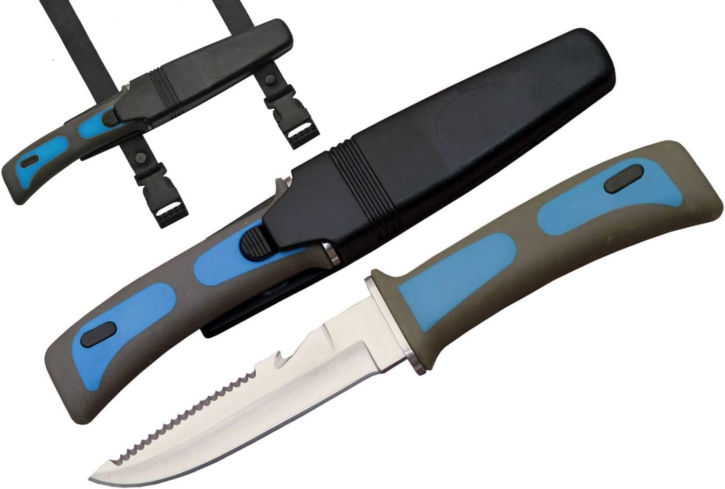Supplies 9-Inch Blue Dive Knife with Stainless Steel Blade, Rubberized Grip, Sawtooth Spine, Hard-Sheath & Leg Strap for Diving, Snorkeling, and Outdoor Adventures