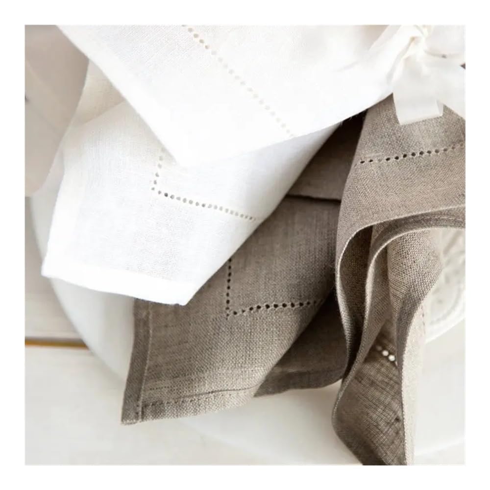 Lot de 6 serviettes de table blanches avec ourlet à jour - Serviettes de cocktail en dentelle et coton - Pour fête, mariage - Gris - 50 x 50 cm