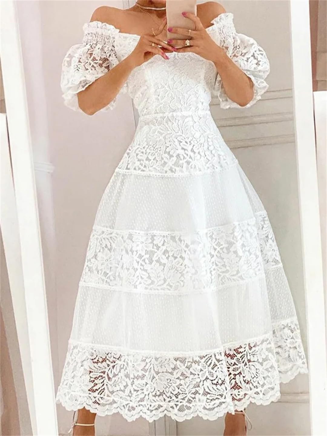 Wjnvfioo Vestido de verano con estampado floral para mujer, elegante, manga abombada, cuello sesgado, costuras de encaje, vestidos largos de fiesta