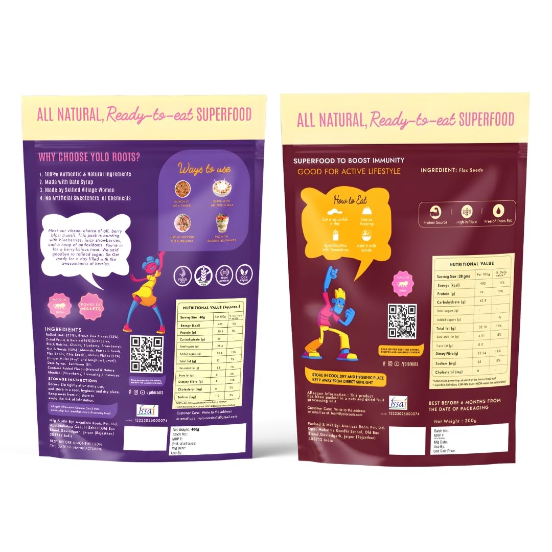 Yolo Roots Premium Berry Blast Muesli 400g & Roasted Flax Seeds 200g Combo | Oats Fruit Nut Breakfast Cereal with Berries, High Fibre Healthy Snack Seeds Mix (Pack of 2)