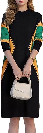 LAI MENG FIVE CATS Womens Fall Casual Long Sleeve Knitted Stretch Pullover Sweater Elegant Midi Dress