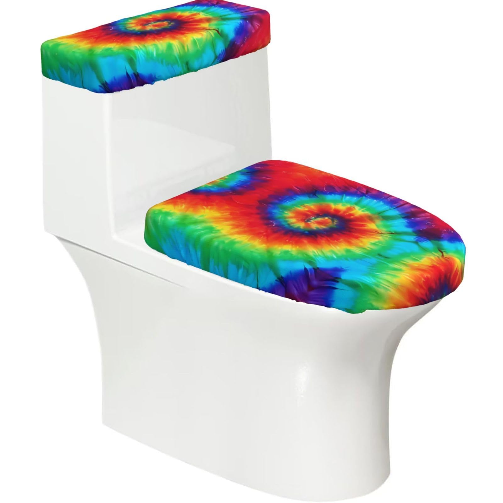 Tie Dye Hippies 2-Piece Toilet Seat Cover Set with Tank Lid - Elastic for U-Shape & Elongated - Bathroom Decor