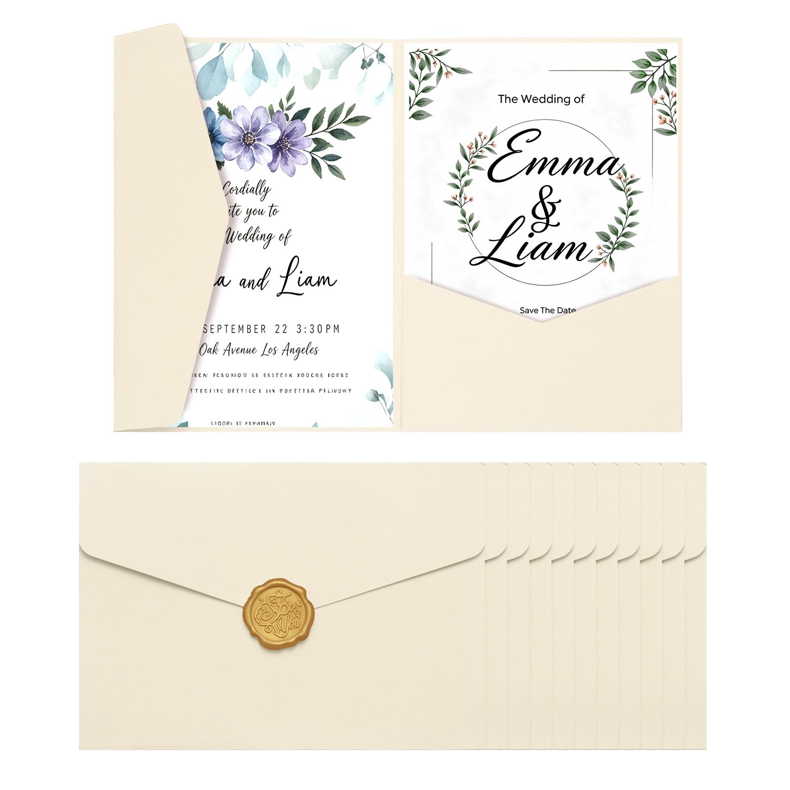 sourcing map 12 Pcs A7 Invitation Pocket Envelopes with Gold Sealing Wax Sticker 5x7 Tri-fold Wedding Invitation Cards for Wedding Birthday Anniversary Graduation Invite Pocket, White
