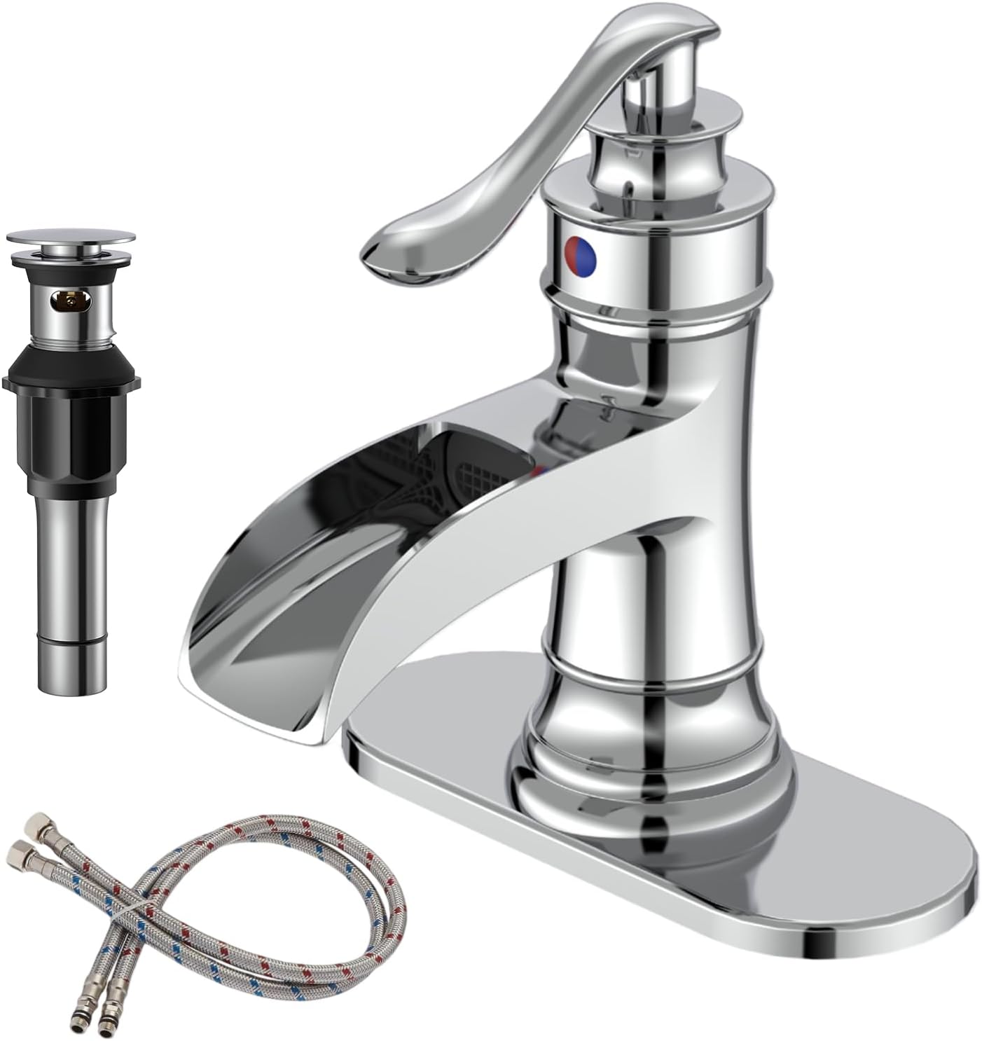 BWE Chrome Waterfall Bathroom Faucet, Single Handle One Hole Sink Faucet with Pop Up Drain and Water Supply Line for Vanity Basin, Solid Brass Construction