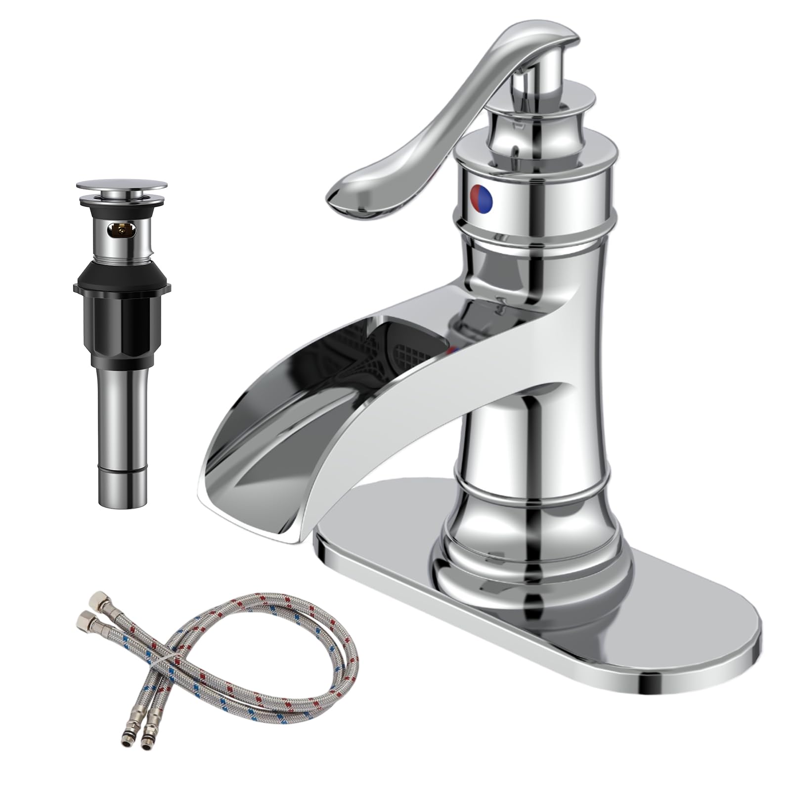 BWE Waterfall Bathroom Sink Faucets Single Handle Hole Lever Faucet Chrome