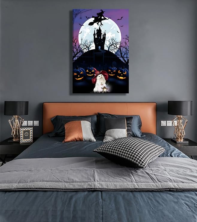 Miniatura 3 de Wewejia Lienzo de Halloween para pared, arte de pared de bruja, murciélago, farol, calabaza, gato, póster de imagen negro para sala de estar,