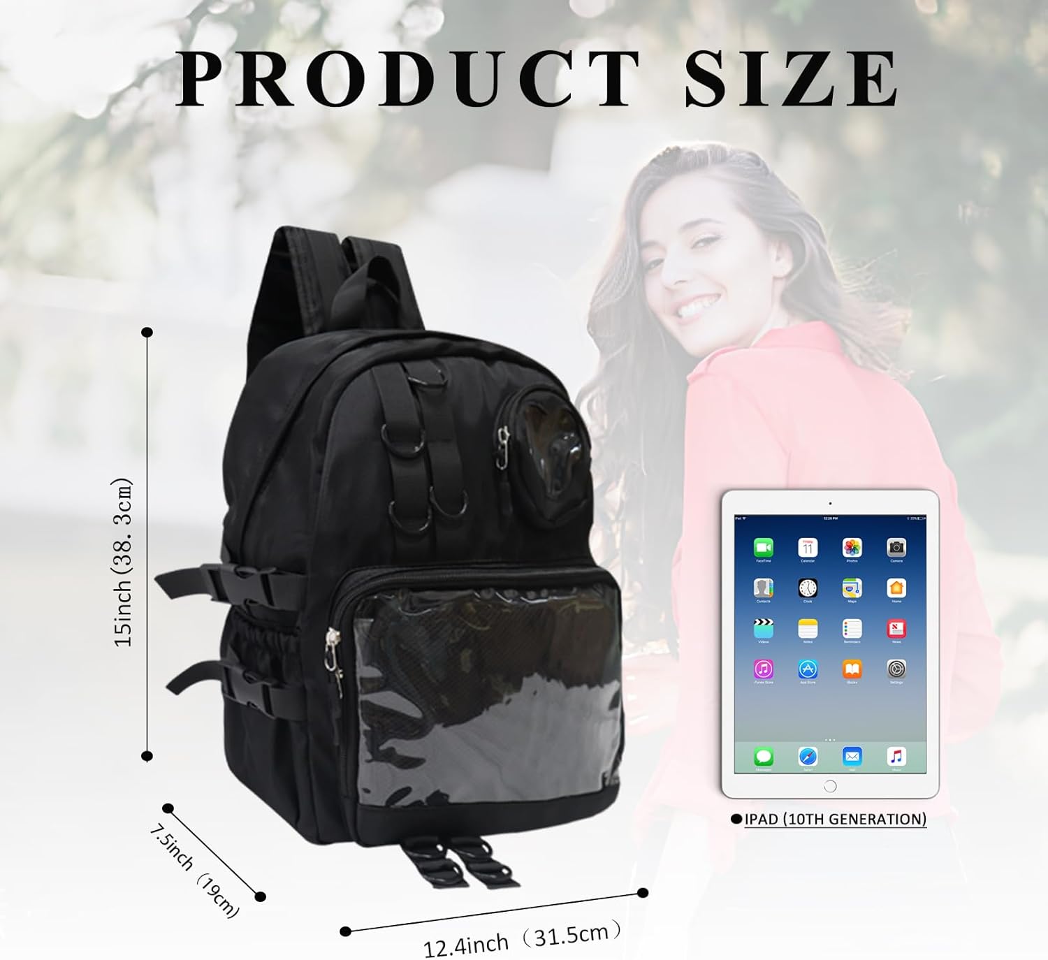 Backpack for Men Travel Women Work Hiking Casual Daypack Backpacks Teens Girls Boys Kids BookBag,Anti Theft Carry On Clear Backpack,Cute Ita Bag with Pin Display Adjustable Strap Black - Image 6