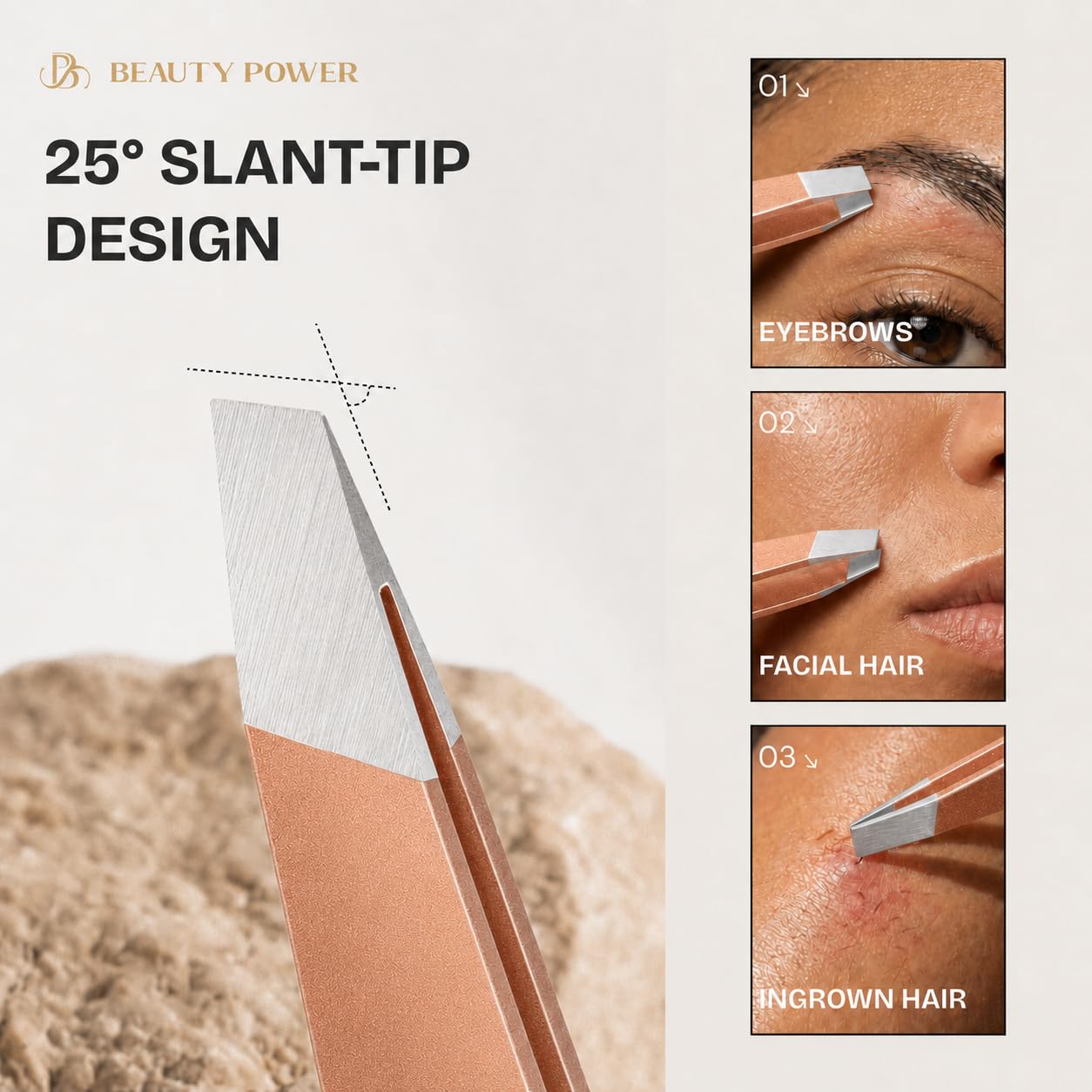 Beauty Power Precyzyjna pęseta ze skośną końcówką, pęseta do brwi ze stali nierdzewnej dla kobiet i mężczyzn, precyzyjna pęseta do włosów na twarzy, wrastających włosów i kształtowania brwi