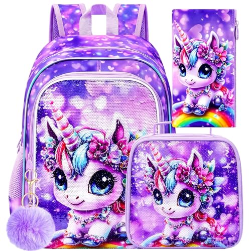 Image of 16 inch Unicorn Backpack for Girls, 3Pcs Rainbow Kids Backpacks with Lunch Box, School Bookbag for Elementary Preschool Kindergarten (Purple)