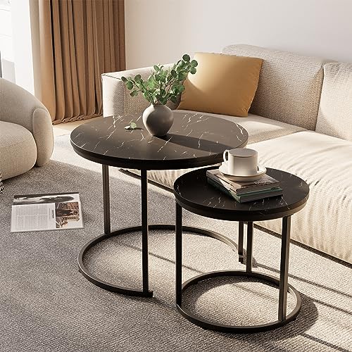 Image of aboxoo Round Nesting Coffee Table Side Set of 2 End Tables for Living Room Bedroom Balcony,Black Faux Marble Wooden Table 23.6IN Accent Large Coffee Table with Steel Frame