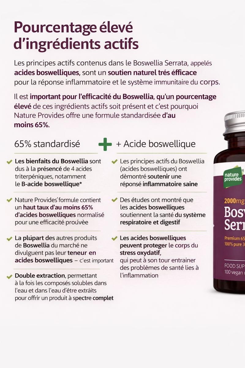 Boswellia Serrata 2000 mg (extrait 5:1), 180 gélules véganes, 6 mois de cure, 65% acide boswellique, encens indien, soutien articulaire, anti-inflammatoire