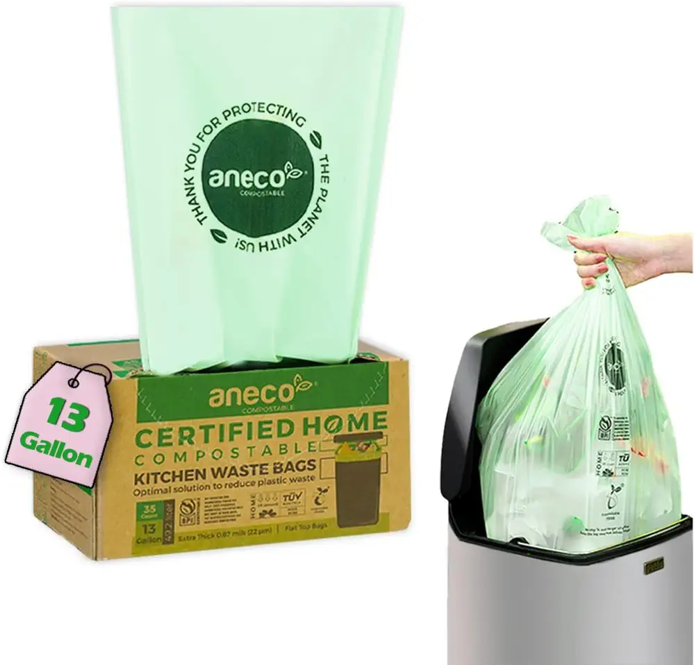 ANECO 100% Compostable Trash Bags 13 Gallon, 35 Count, Extra Thick Kitchen Compost Bags, Large Compostable Bags for Tall Kitchen Bin (Pack of 1)