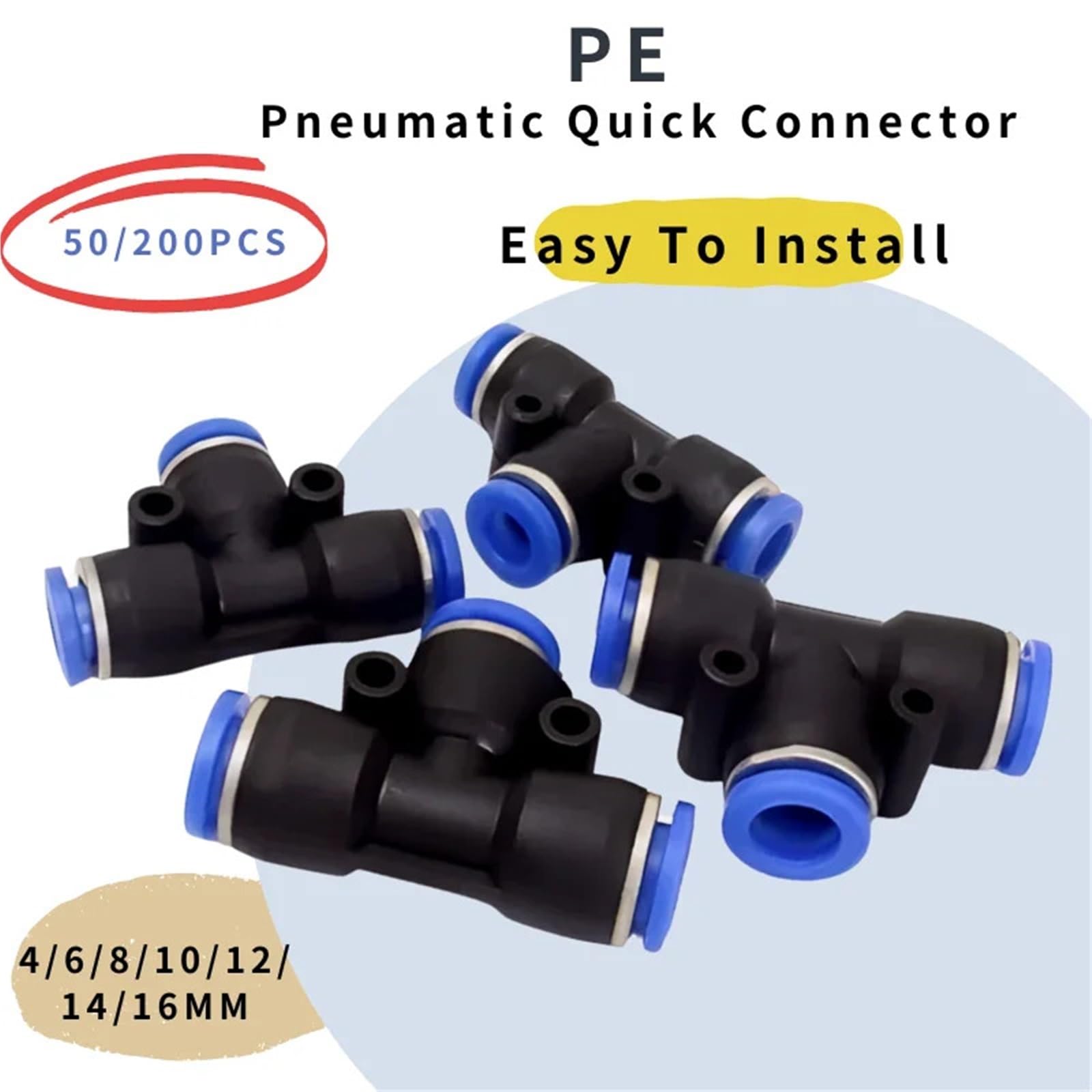 Sportansaugung 50/200 Stück PE-Pneumatikverschraubungen 4/6/8/10/12/14/16 mm T-Stück mit 3-Wege-Kunststoff-Schlauchverbinder(PE-4,200Pcs)