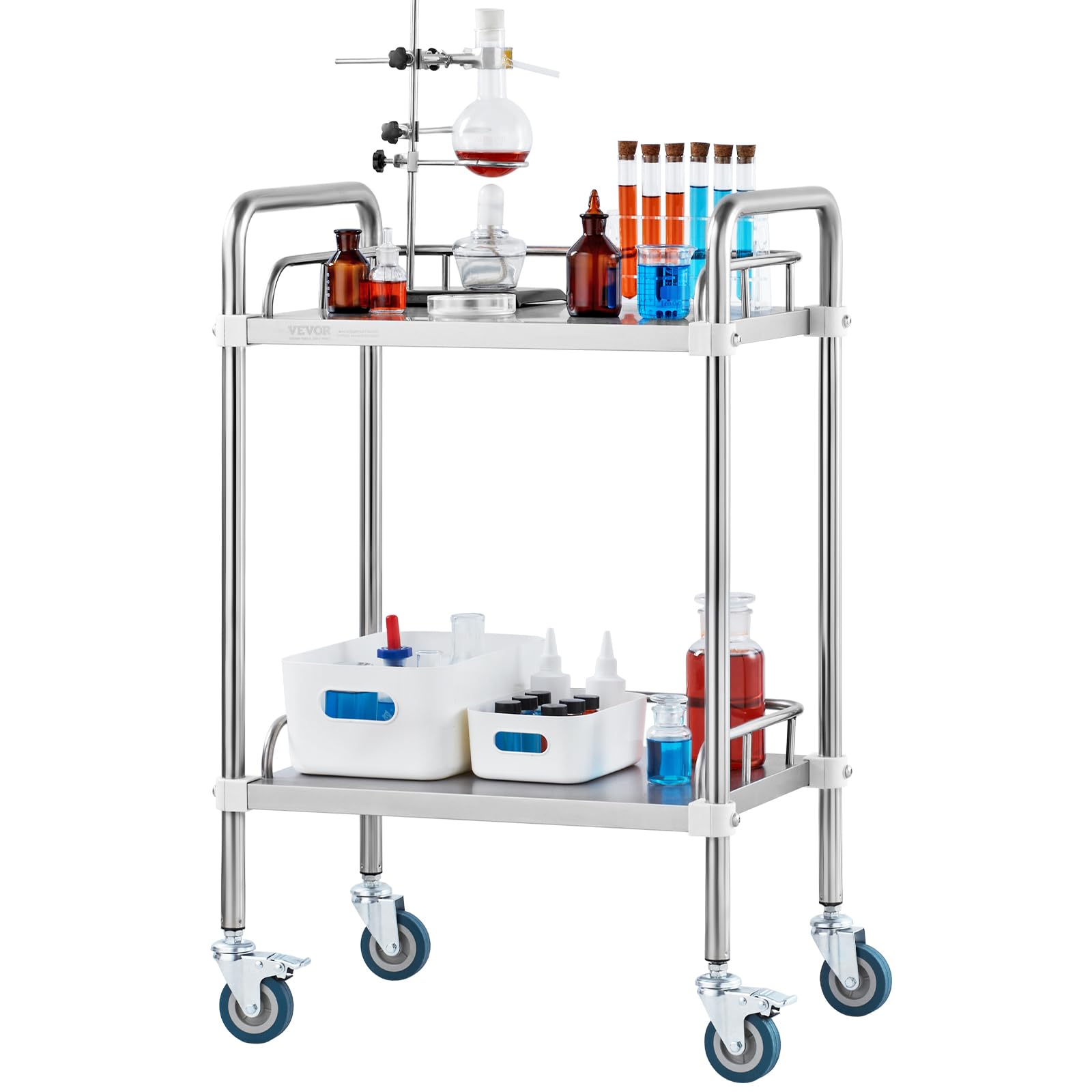 VEVOR Carro de laboratorio acero inoxidable 2 capas capacidad 100 kg ruedas giratorias médico