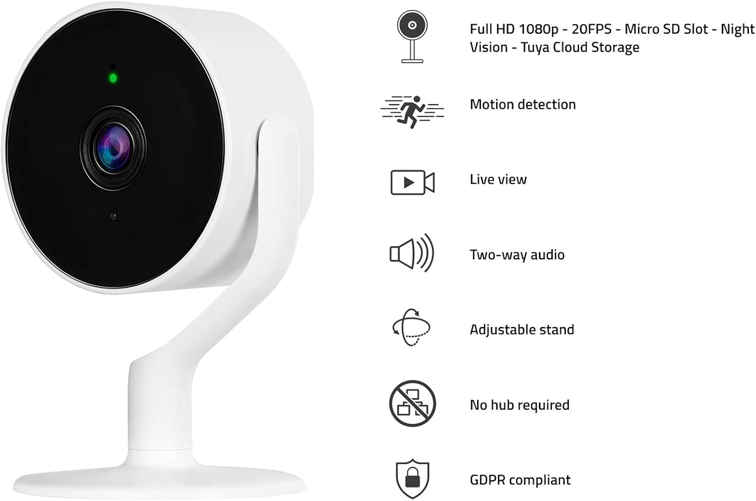 Hombli Smart Indoor Camera with icons illustrating its features.