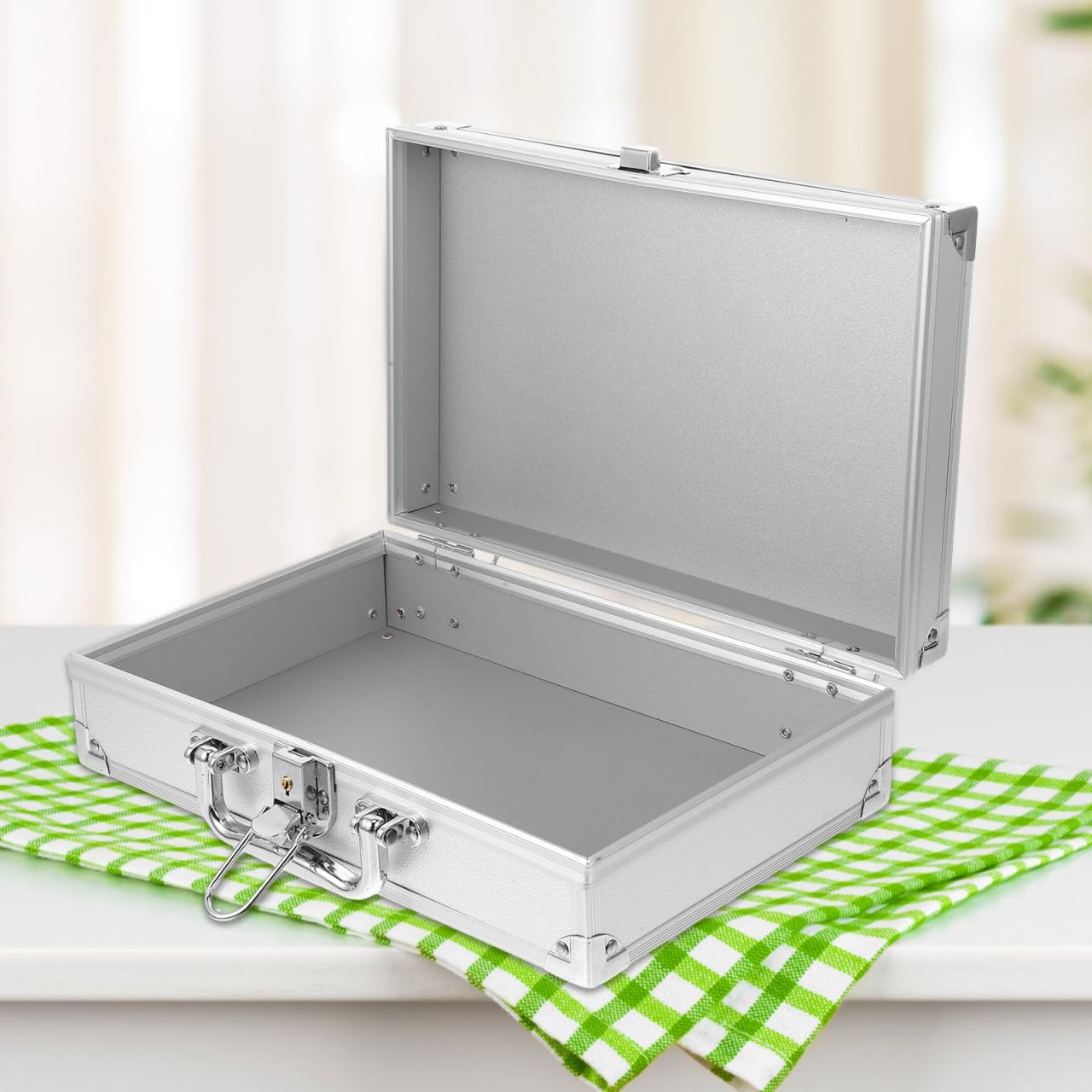 TEHAUX Aluminum Briefcase with Lock - 11.8 Inch Metal Carrying Case for Tools, Cash and Electronics, Silver Hard Shell Storage Box with Handle and Reinforced Corners, 11.79 x 7.66 x 3.46 in