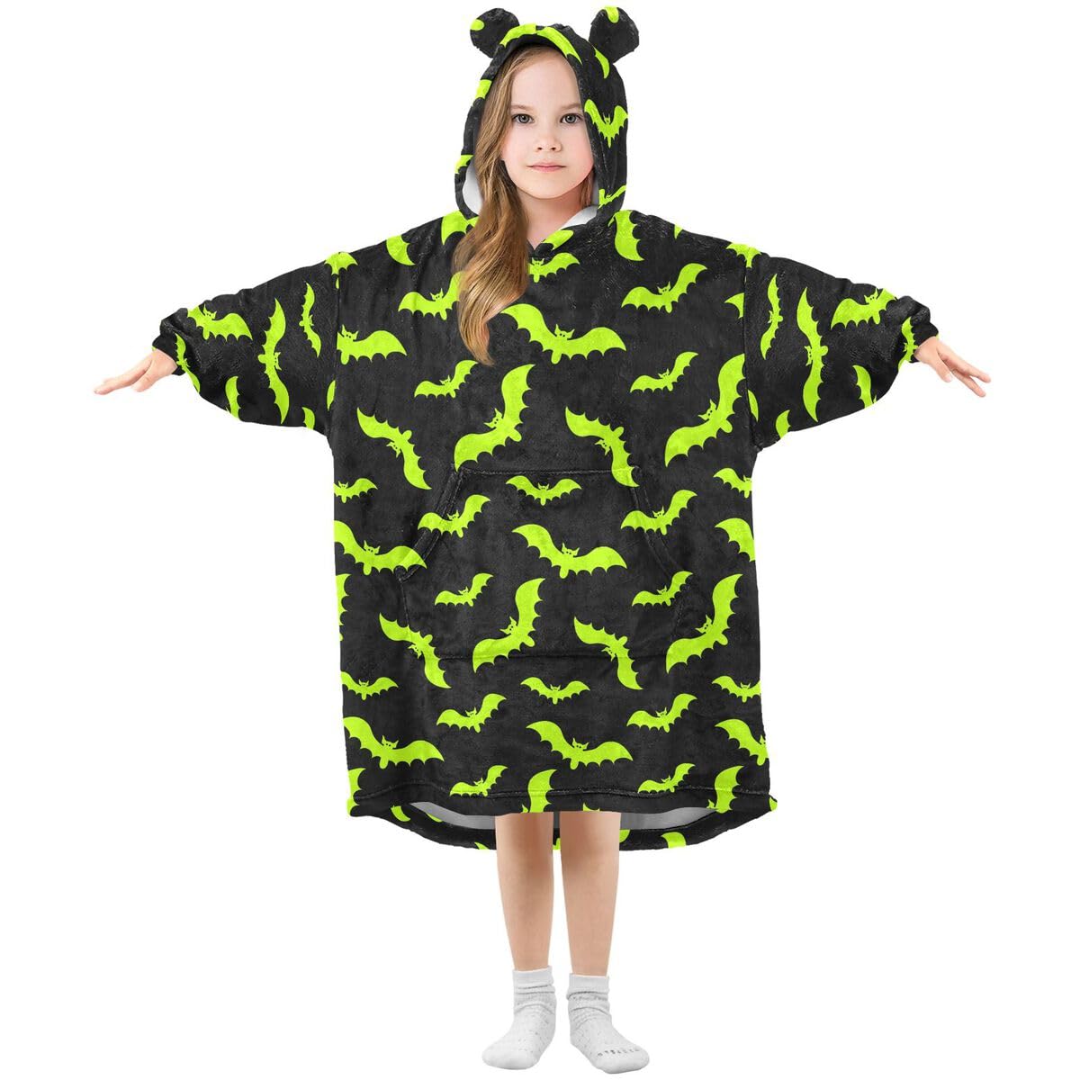 Green Bats dziecięcy koc do noszenia z kapturem oversize bluza koc sweter Halloween dla chłopców i dziewcząt w wieku 3-14 lat