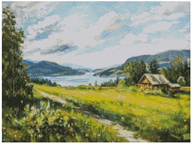 Broderie point de croix Paysage 11 bleu coton 14 count Aïda vierge