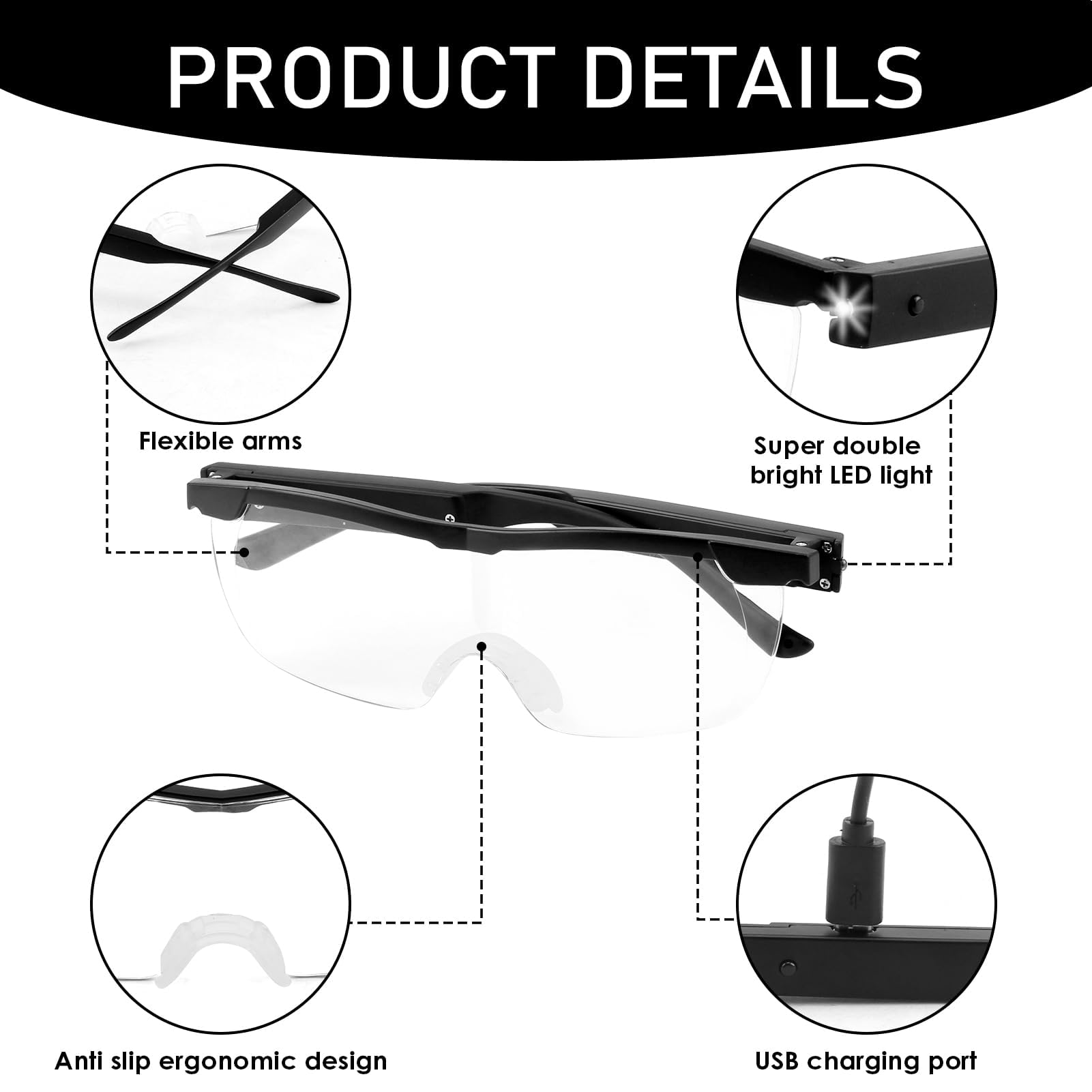 180% Magnifying Glasses for Hobbies Reading Wearable Glasses with 2 LED Lights 1.8X Magnify Sight Spectacles for Hobbies Elderly Close Work Reading Jewellers Repairing - Image 2