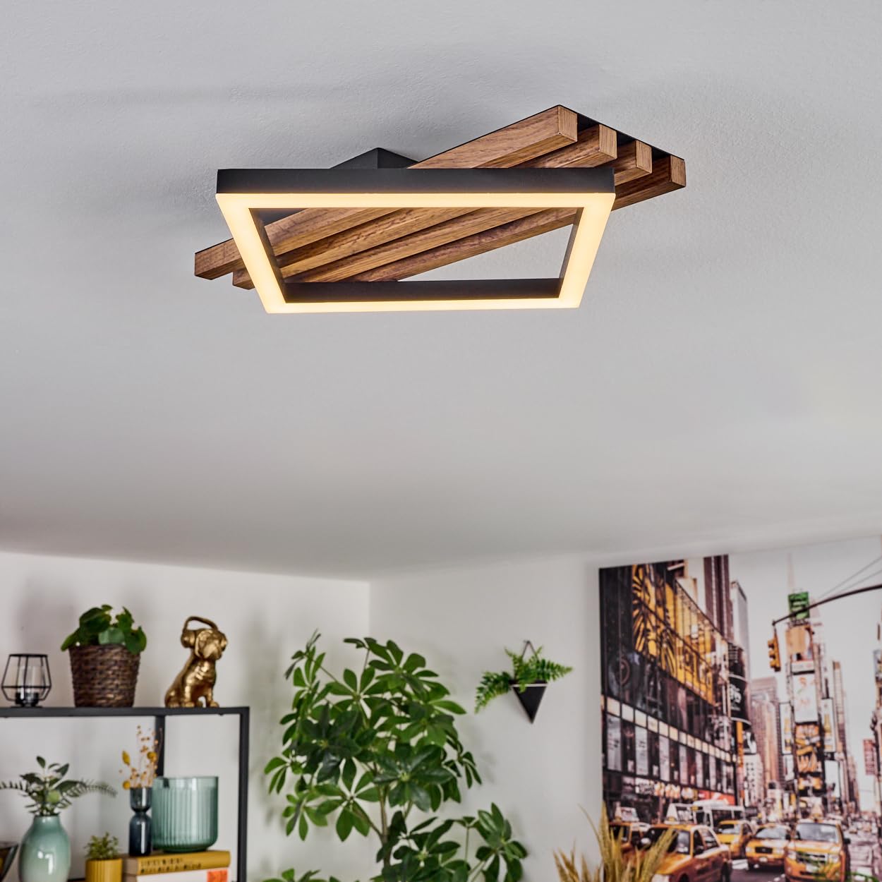 HOFSTEIN LED Deckenleuchte Ellekilde, Deckenlampe aus Metall/MDF/Kunststoff in Schwarz/Holzoptik/Weiß, 12W, 3000 Kelvin, Leuchte im modernen Design für Schlafzimmer, Esszimmer, Wohnzimmer, Küche, Flur