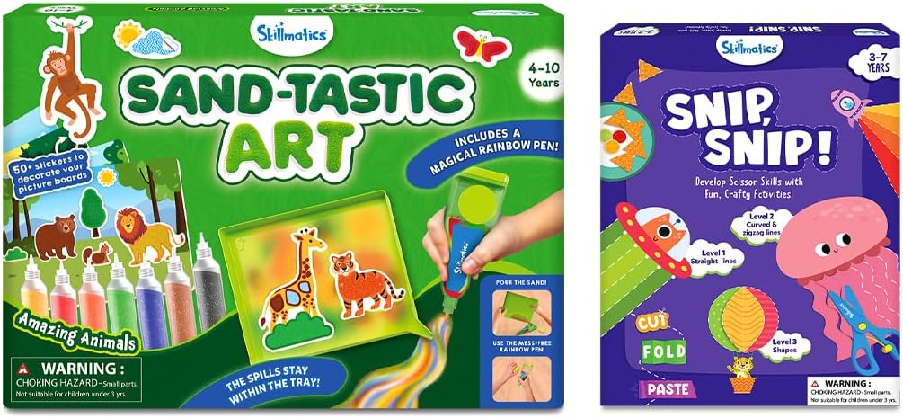 Skillmatics Sand-Tastic Art Animals & Snip, Snip! Bundle, Art & Craft Kits for Kids, DIY Creative Activity, Gifts for Girls & Boys Ages 3, 4, 5, 6, 7, 8, 9, 10