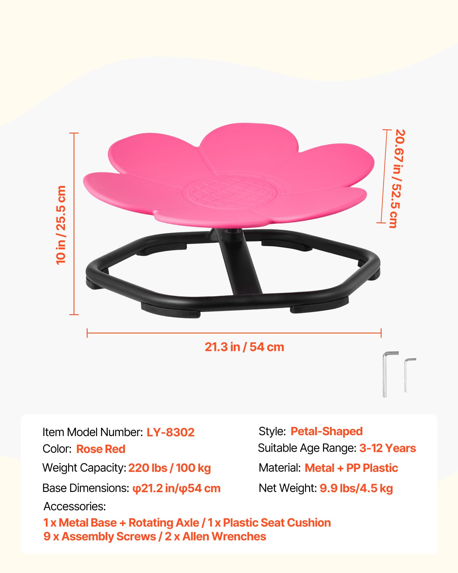 VEVOR Sedia Girevole Sensoriale per Bambini, Capacità di 100 kg, a Forma di Fiore in Metallo Antiscivolo, Sedile per Sedersi e Girare per Coordinazione, Equilibrio e Concentrazione, Rosso