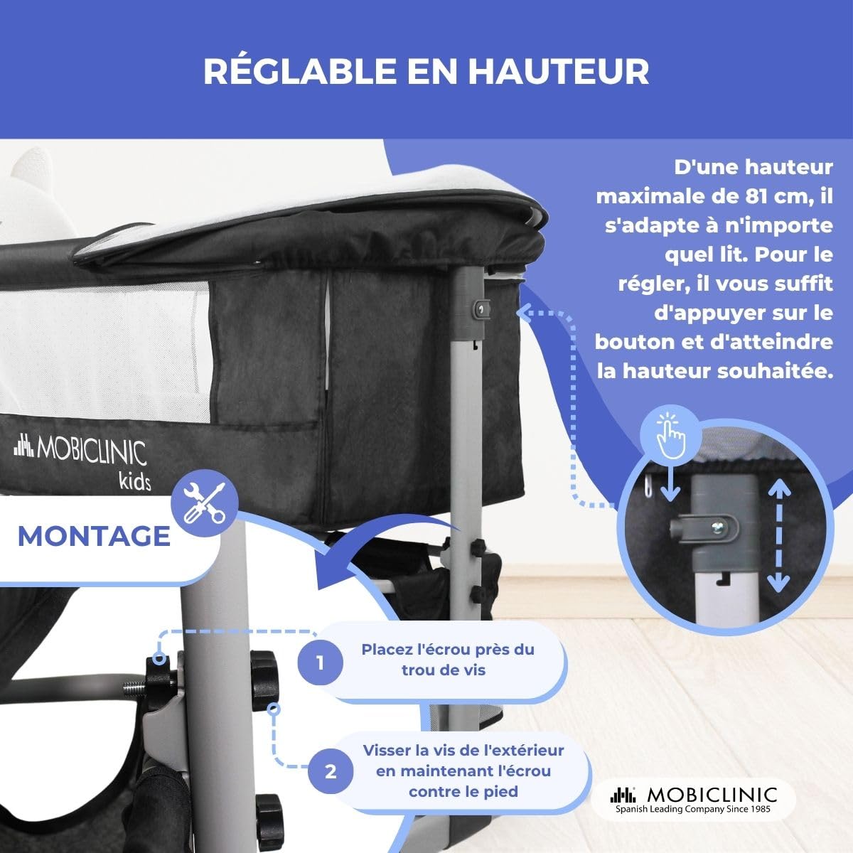 Mobiclinic Lit bébé 3 en 1 Nuit Cododo Hauteur réglable Noir 20 kg