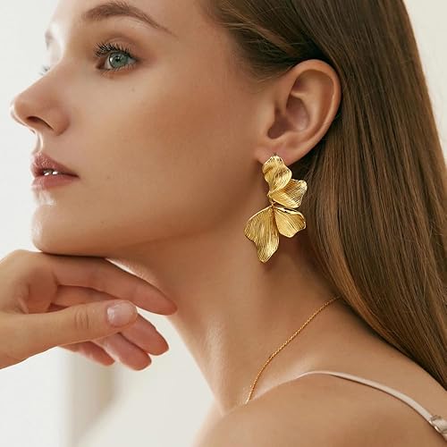 Miniatura 7 de Aretes de oro para mujer, chapados en oro de 18 quilates, diseño de hoja de flor, concha de ángel, aretes grandes hipoalergénicos