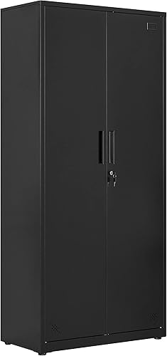 Miniatura 8 de Puertas de bloqueo de metal con 2 puertas y 4 divisiones y 5 estantes ajustables, armarios de almacenamiento de 68 pulgadas de alto para garaje,