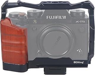 BGNing Cage with Silicone Handgrip and Cold Shoe XT5 Camera Cage ARCA Tripod Mount 1/4 3/8 Compatible with Fujifilm X-T5 Wooden Grip Extension Stabilizer Rig (Cage w QR V Board)