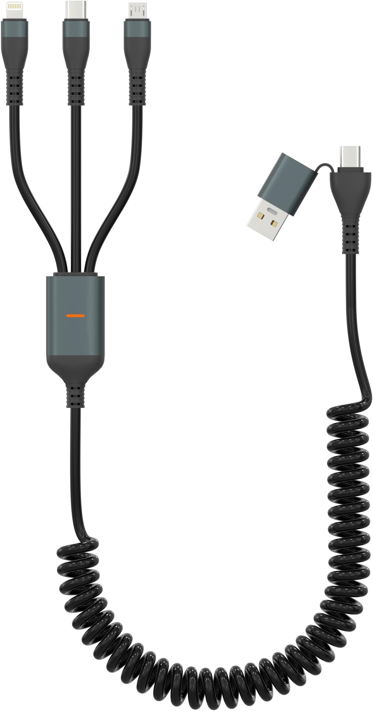 100W Coiled Multi Charging Cable - 5 in 1 USB A/ USB C to Type C/ Lightning/ Micro Three Cable [Fast Charging & Sync Data] Retractable Multiple Charger Cord Combo for iPhone Android iPad Laptop, 10FT