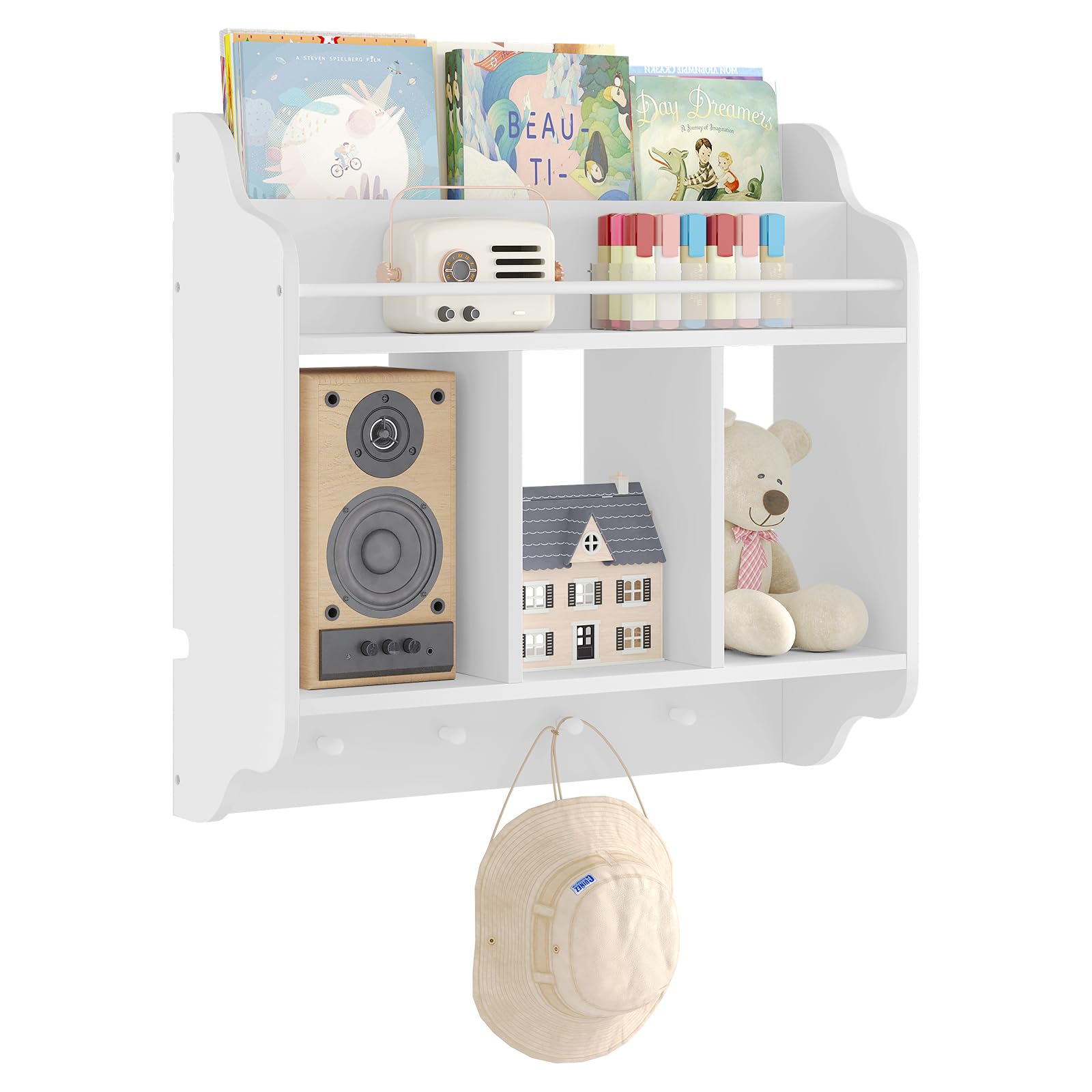 WOLTU Estantería Pared para Niños, Librería Infantil Flotante, Estantes de Pared con 3 Compartimentos y 4 Ganchos de Pomo, para Guardería, Habitación Infantil y Sala de Juegos, Blanco