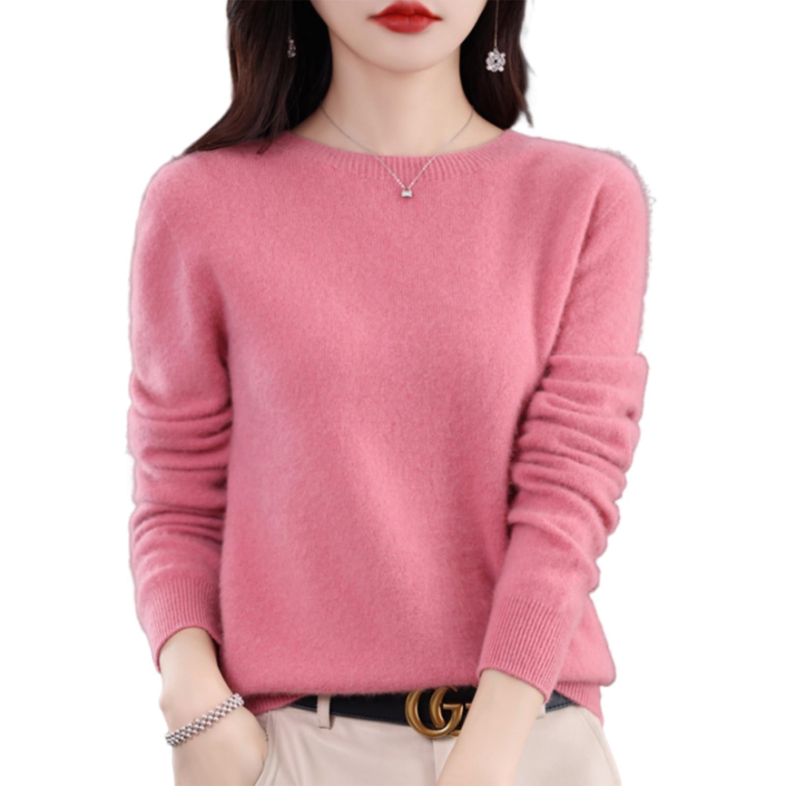 Suéteres de Cachemira para Mujer, jerséis de Cachemira, suéter de Lana Merino para Mujer, suéter de Punto Ligero (Rosa,M)